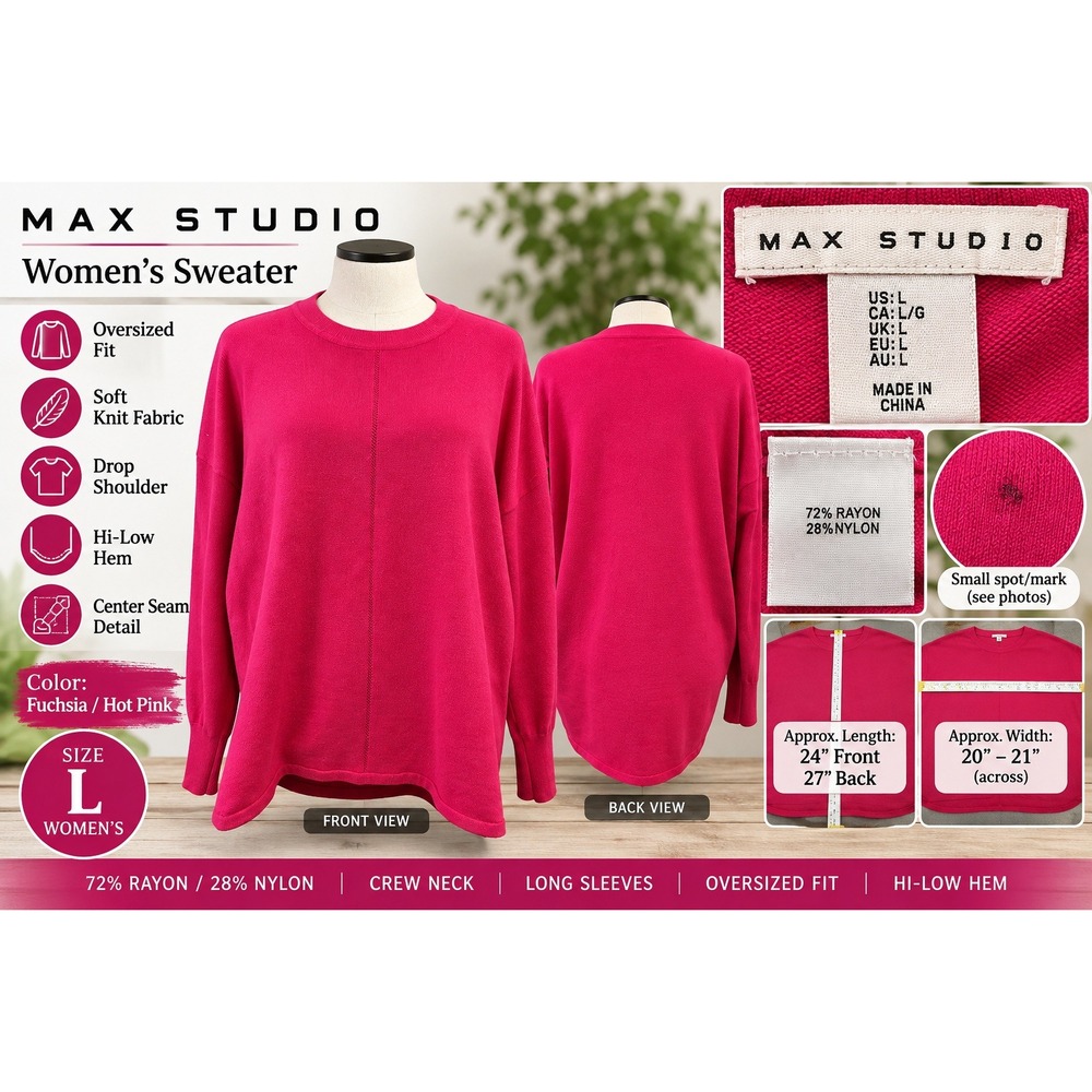 Max Studio Womens Fuchsia Pink Oversized Hi-Low Center Seam Knit Sweater Large